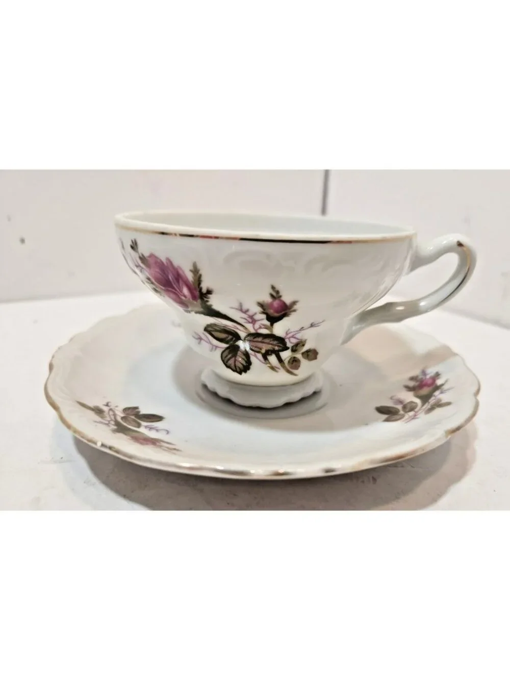 Vintage Japan Tea Cup and Saucer Flower Pink Rose With Gold Tone Rim Set of 3